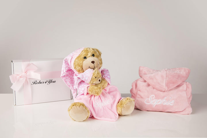 Baby girl gift set-Personalised baby pink robe and teddy-uk-Robes4you