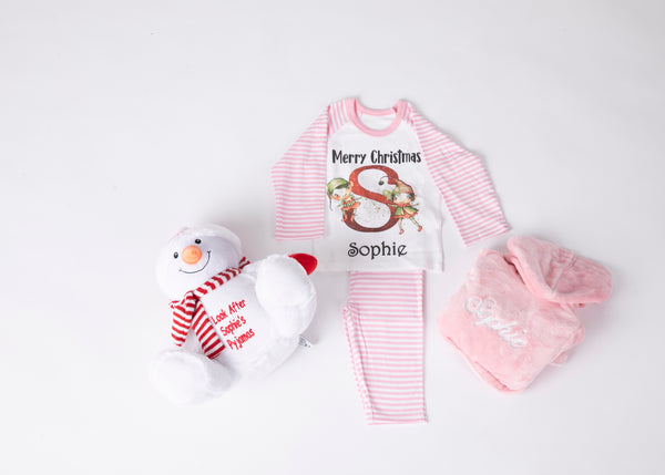 Pink Robe with Pink and White Christmas pyjamas and & Snowman holder in a gift box