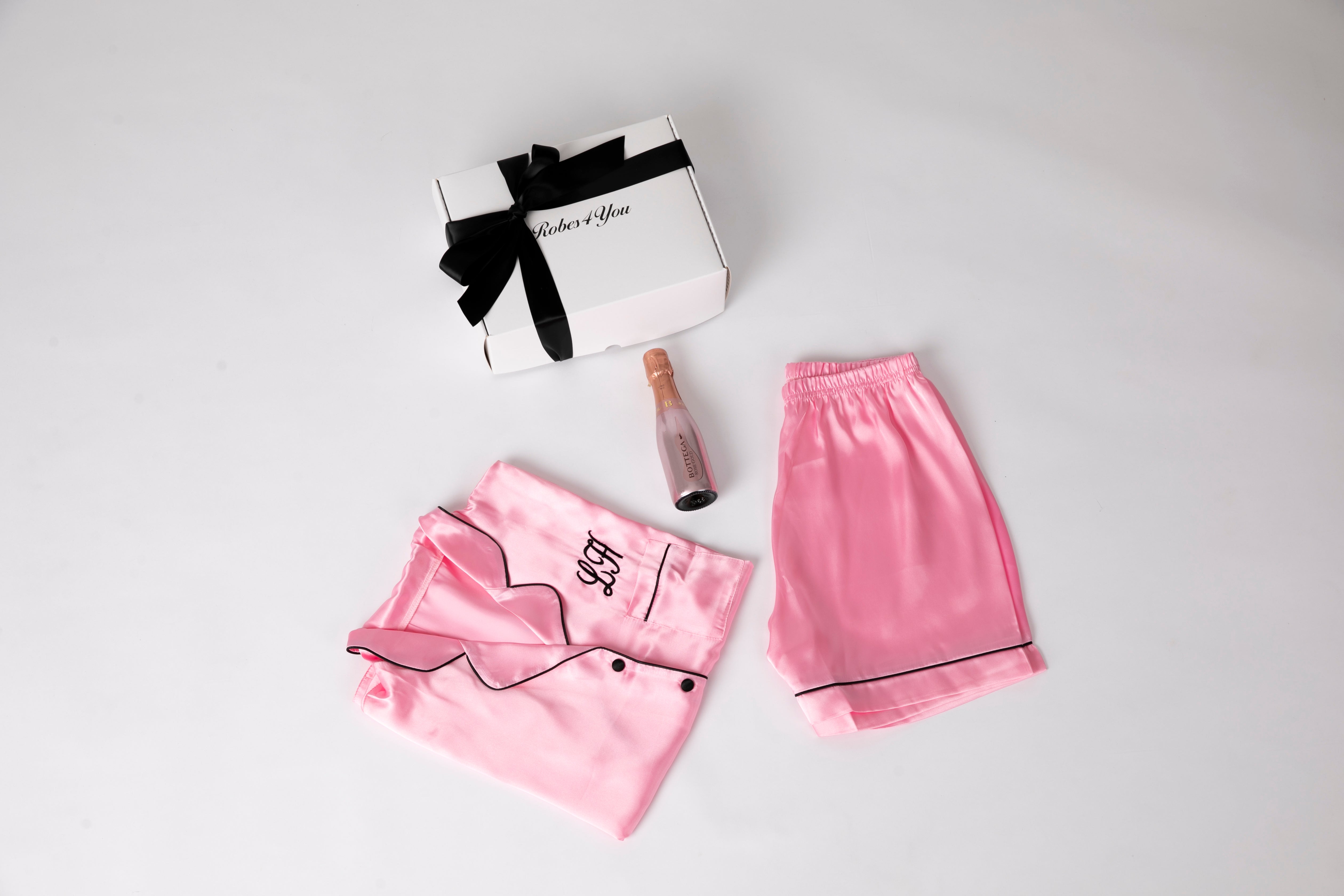Mini PJs Hamper-Satin Short Pyjamas with Snippet of Prosecco Presented in a gift box with ribbon