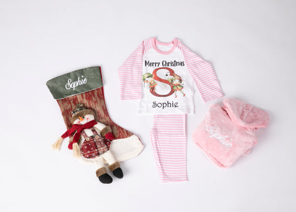 Pink Robe with Pink and White striped Christmas pyjamas & Snowman Stocking presented in a gift box