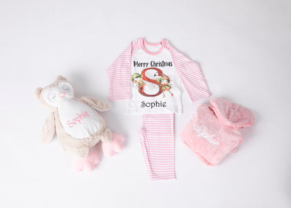 Pink Robe with Pink and White striped Christmas pyjamas & Owl pyjamas holder presented in a gift box