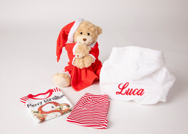 White Robe and Red & White Striped Christmas Pyjamas & Teddy and comfortor in a gift box