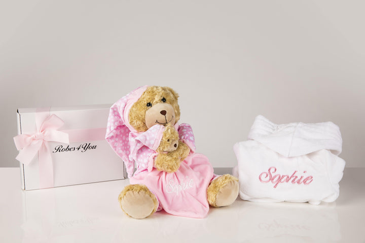 Baby girl gift set-Personalised baby white robe and teddy-Robes4you-UK